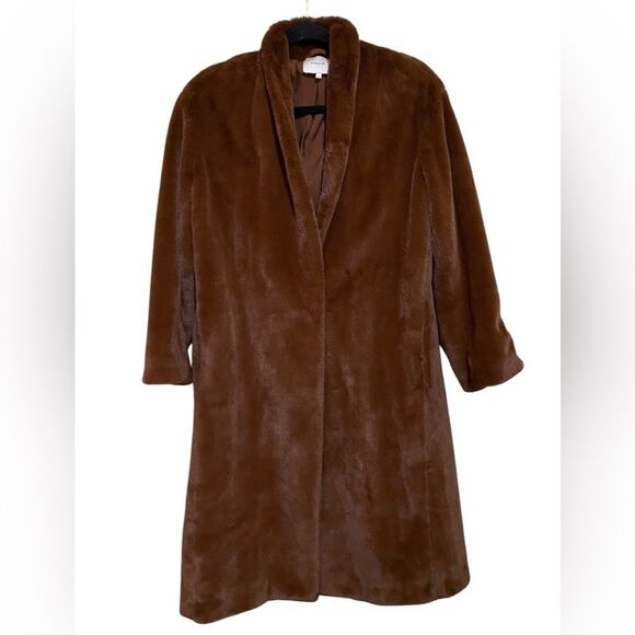 Vince X Revolve Faux Fur Mahogany Brown Belted Coat Ultra Chic Soft Quiet Luxury - Picture 6 of 14